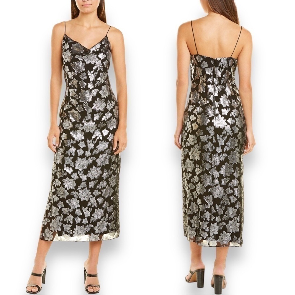 CLUB Monaco Jacquard Silk Metallic Silver Slip MIDI Dress NWT size 6